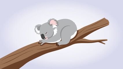 A cute gray koala climbing or sitting on a brown tree branch, illustrated in a soft cartoon style. © Akhmad