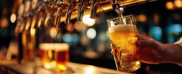 The bartender pouring a delicious golden beer in a lively pub setting.