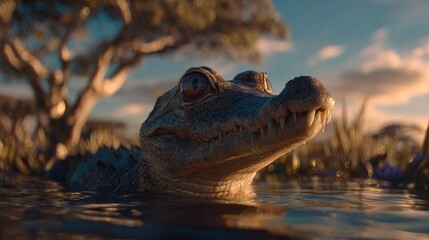 Obraz premium Close-up of a young crocodile in a shallow body of water.