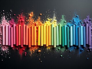 Creativity and artistic expression symbolized by colorful pastel chalks arranged in rainbow order with vibrant powder on black
