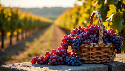A basket filled with red and purple grapes sits on a stone wall in a vineyard. Rows of grapevines stretch into the distance under a clear sky.