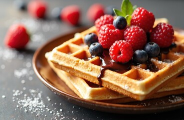 Golden waffles topped with fresh mixed berries including raspberries, blueberries, and blackberries on a dark plate