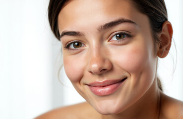 A woman with clear skin and a gentle smile looking directly at the camera