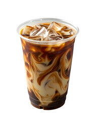 Iced coffee in clear plastic cup with swirling milk and espresso.