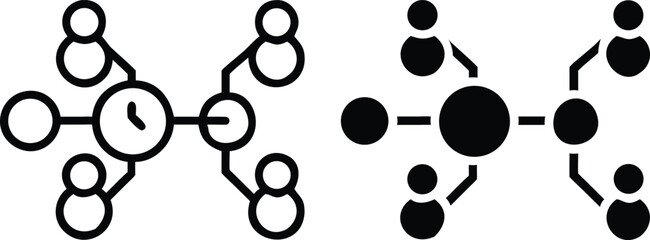 Team Communication Network Icon in Black and White – Collaboration Structure Vector Illustration