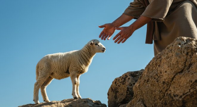 A man, the good shepherd, reaching out to a little lamb representing the parable of the lost sheep. Biblical religious Christian concept.