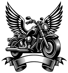 Bagger Motorcycle with wings Vector &ndash; Vintage Cruiser Bike with Wings and Banner for Biker Logos or Patches

