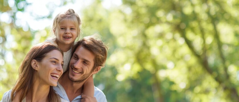 The joyful family enjoying a sunny day in a beautiful green park together.