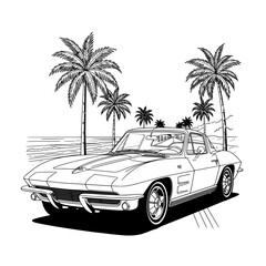 Classic American muscle car cruises along a scenic tropical beach with lush palm trees and ocean waves creating a perfect summer vibe for retro automotive advertising and lifestyle content.