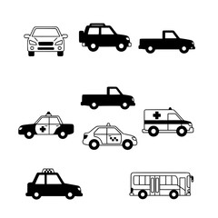 Collection of sleek black and white vehicle icons including cars, trucks, ambulance, taxi, and bus, perfect for modern transport and city life designs.