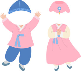 Childrens Hanbok photo montage kit illustration, Korean traditional clothes for face swap, boy and girl for Seollal and Chuseok holiday.