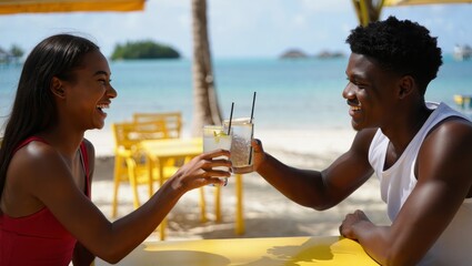 Couple enjoying summer vacation at beach resort with cocktails and tropical drinks