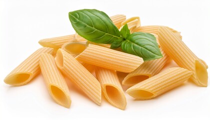 penne pasta with basil isolated on white background