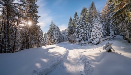 Obraz premium a winding trail through pristine untouched snow bordered by tall evergreen trees with soft sunlight filtering through the branches above