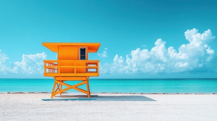 Vibrant, pastel view of lifeguard tower, colorful painted under a bright blue sky on the Beach