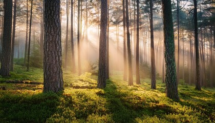 sunlight filtering through misty pine forest with bark textures forest landscape tranquil mood
