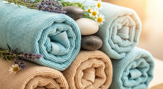 Rolled spa towels with lavender, chamomile, and smooth stones, evoking relaxation. - Powered by Adobe