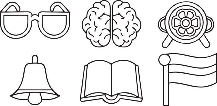 Isolated black 100 days smarter school icon set, includes eyeglasses, brain, medal, celebration flag, school bell, and notebook, perfect for milestone education designs