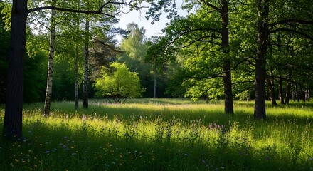 Fototapeta premium Sunlight filtering through trees creates magical ambiance in a spring meadow