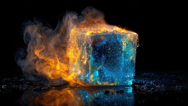 Burning ice cube, vibrant colors, smoke - Powered by Adobe