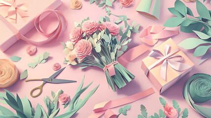 Elegant Pastel Paper Flower Bouquet and Wrapped Gift Boxes Artfully Arranged on a Pink Background, Perfect for Creative Crafting Projects, Handmade Celebrations, and Thoughtful DIY Gifting Ideas