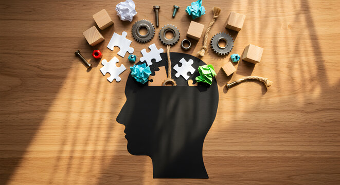 Silhouette of a human head with various objects spilling out, representing thoughts. Symbolizes creativity, problem-solving, and brainstorming. - Powered by Adobe