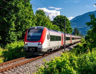 Naklejka premium High-speed train through lush green landscape