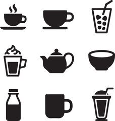 Various beverage icons including coffee tea and milk saucer steam