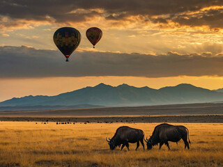 Wildebeest grazing under hot air balloons at sunset savanna grassland