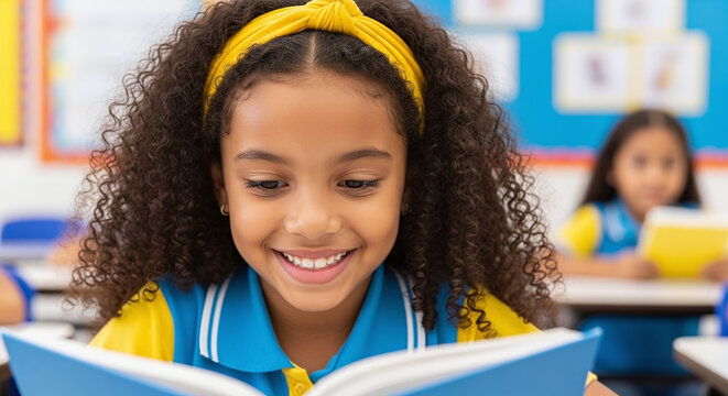 A young student is happily reading in a brightly lit classroom, focused on the book.