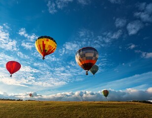 Obraz premium colorful hot air balloons soaring in a clear blue sky with fluffy clouds on a sunny day