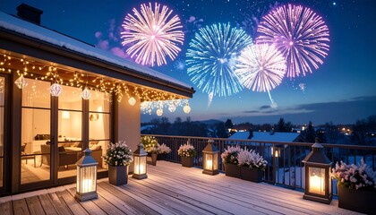 Midnight sky bursting with holographic fireworks above a frosted rooftop decorated with shimmering crystal lanterns