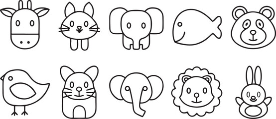 Isolated black clean line animal vector icon pack, includes domestic and farm animals like dog, cat, fish, horse, elephant, lion, rabbit, and bird, editable and minimal