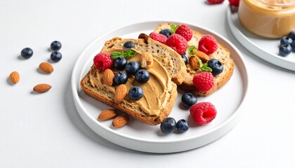 Fresh Paleo Bread Slices with Almond Butter and Mixed Berries on Minimalist Ceramic Plate — Soft Natural Light and Balanced Composition