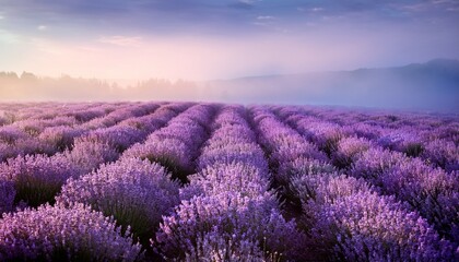 Obraz premium blooming lavender field shrouded in light mist purple tones dreamy nature background