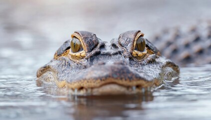 Obraz premium Camouflaged predator lurking in the water, an alligator's eyes and snout emerge, a portrait of nature's stealth and power.