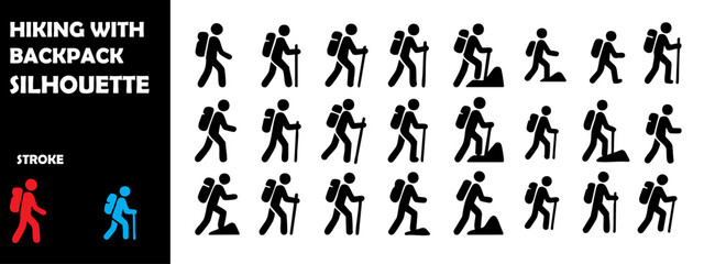 HIKING WITH BACKPACK Icons Silhouette Vector Set – Outdoor Trekking, Adventure and Nature Trail Symbols