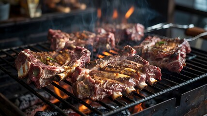Juicy lamb chops sizzling and charring on a hot outdoor grill with visible flames and smoke