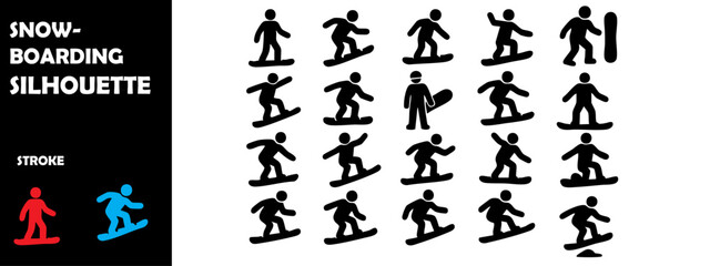 Naklejka premium SNOWBOARDING Icons Silhouette Vector Set – Winter Sports, Mountain Ride and Extreme Snow Adventure Symbols