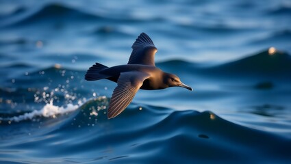 Wild Shearwater Seabird Flight over Blue Ocean Water with Sunset Light
