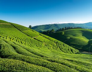 Fototapeta premium lush green tea plantations on rolling hills under a clear blue sky