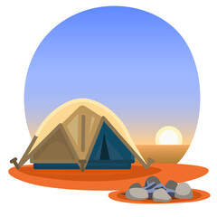 Tent and campfire at sunset. Flat vector illustration of a camping scene at sunset with a tent and extinguished campfire on desert ground. Suitable for travel, hiking, desert tourism, and evening outd