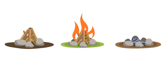 3 states of a bonfire. Vector set of three campfires: unlit, burning, and extinguished. Minimalist illustrations suitable for camping guides, infographics, survival tutorials, and outdoor activity vis