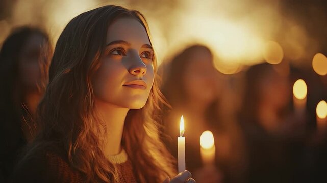 Glowing Serenity: A young woman is illuminated by the soft light of a candle, her expression filled with hope and reflection amidst a gathering.