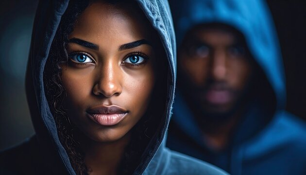Close-up portrait of a woman and man in hoodies, intense gazes