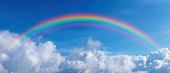 The vibrant rainbow arching across a blue sky filled with fluffy clouds