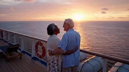 Elderly Couple Walking On Cruise Ship Deck in Evening. Senior couple on Holiday cruise. Enjoying Vacation. Romantic ocean view