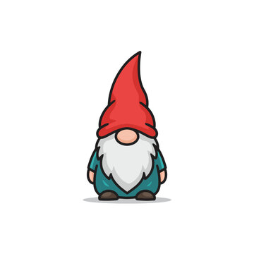 Cute gnome with a red hat and beard standing, vector illustration. Christmas decorations, folklore scandinavian figurine	