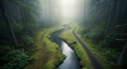 A winding stream and path through a misty, green forest, invoking a sense of peace.