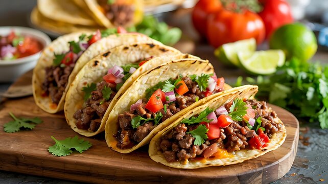 Deliciously prepared traditional mexican ground beef tacos filled with fresh ingredients and served on a wooden board with lime wedges and cilantro